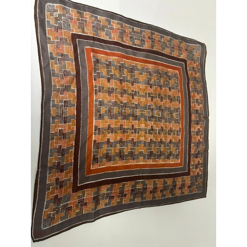 Vera Newman Vintage Silk Blend Scarf Brown Orange Geometric Sheer Square Japan